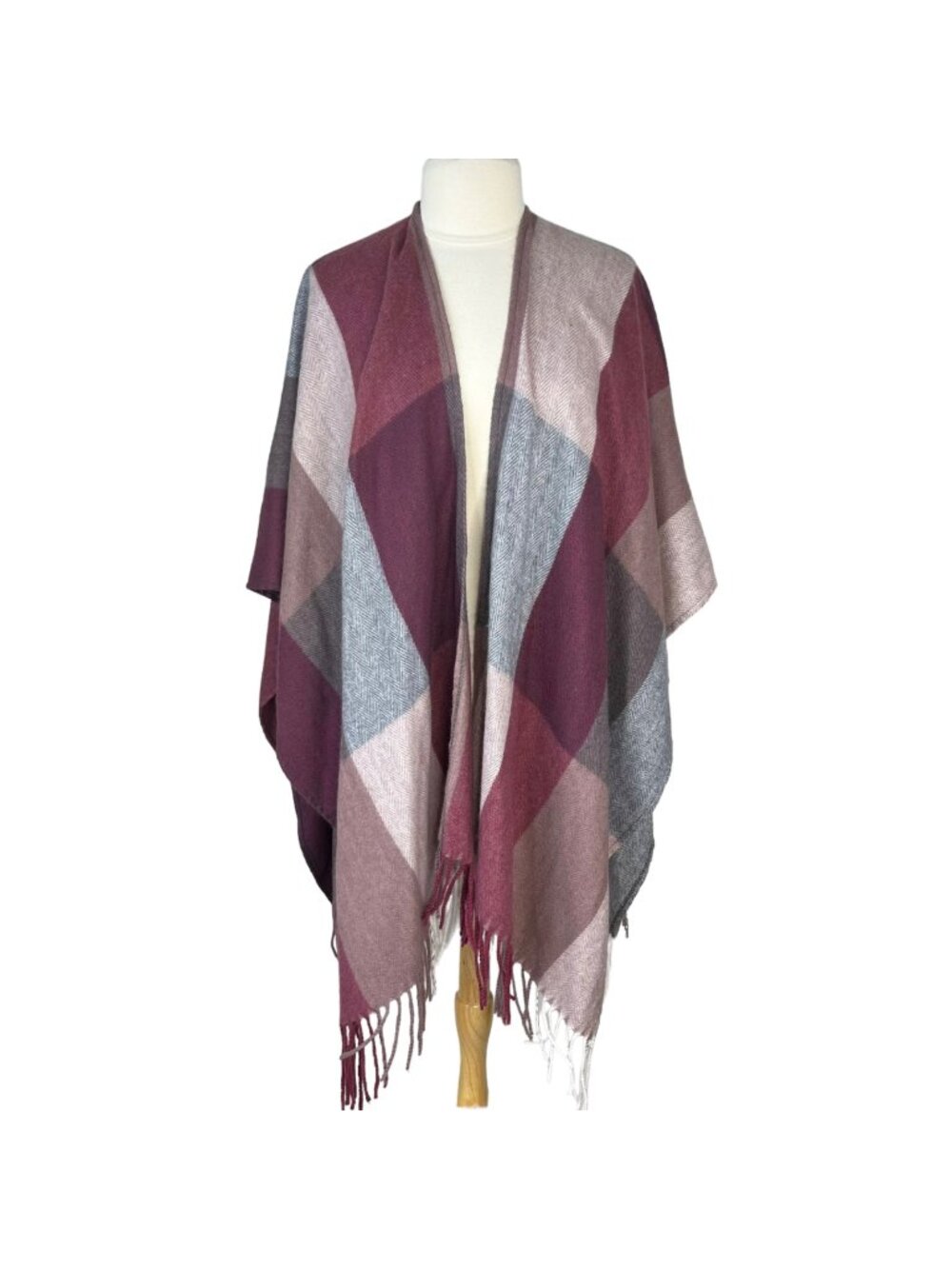 Woolrich Cape Shawl Sweater Soft Multicolor Pink Plaid Fringe Detail Size OS